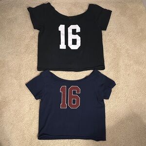 Brandy Melville Black and Navy Number 16 Off Shoulder Tees